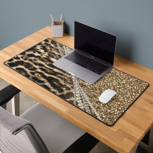 Chique Girly Leopard Print Gouden Glitter Bureaumat (Kantoor 2)