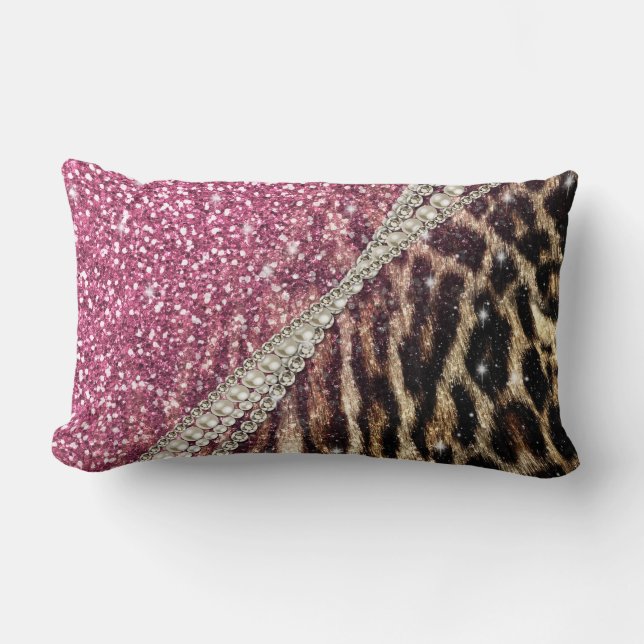 Chique Girly Leopard Print Roze Glitter Kussen (Voorkant)