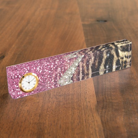 Chique Girly Leopard Print Roze Glitter Naambordje (Zijkant)