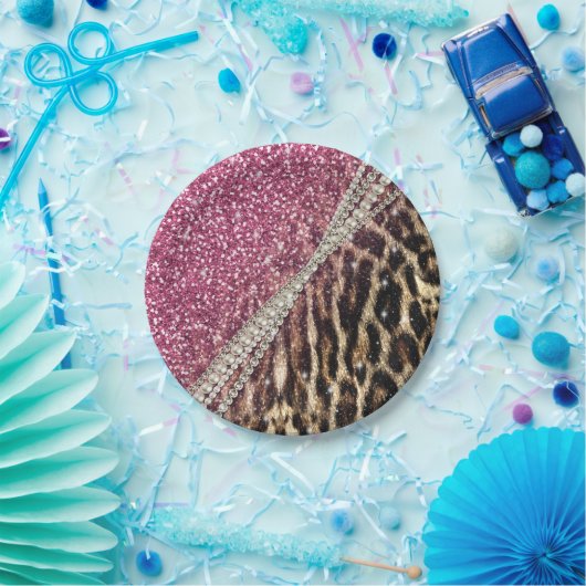 Chique Girly Leopard Print Roze Glitter Papieren Bordje (Feest)