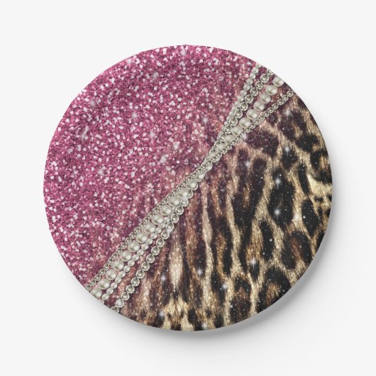 Chique Girly Leopard Print Roze Glitter Papieren Bordje (Voorkant)