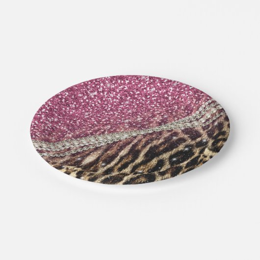 Chique Girly Leopard Print Roze Glitter Papieren Bordje (Gekanteld)