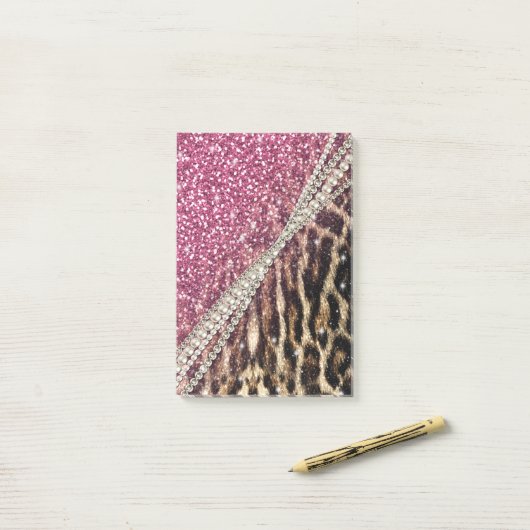 Chique Girly Leopard Print Roze Glitter Post-it® Notes (Op bureau)