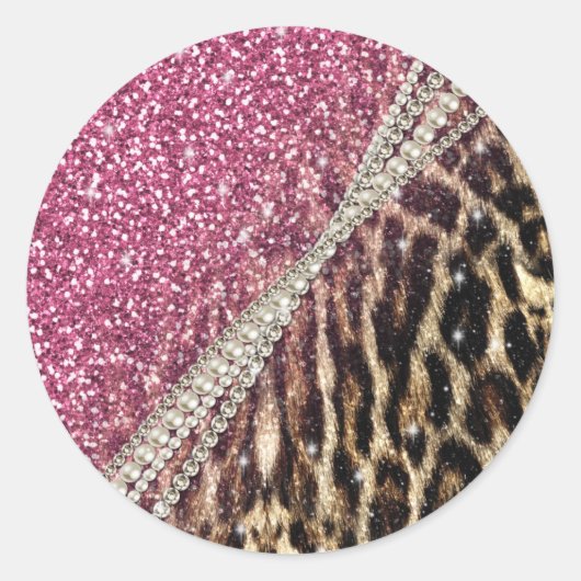 Chique Girly Leopard Print Roze Glitter Ronde Sticker (Voorkant)