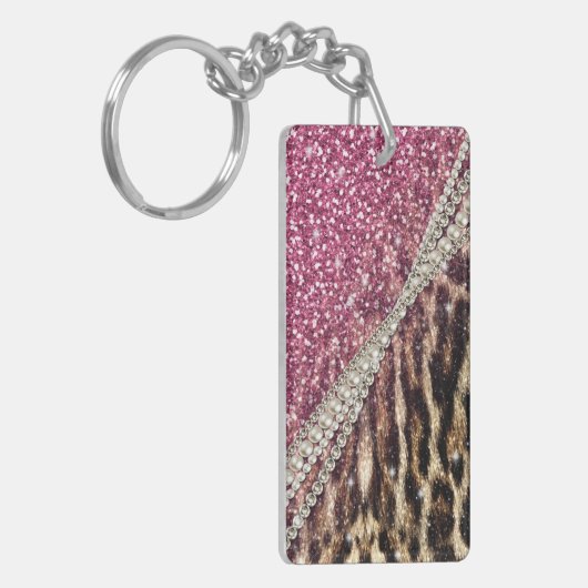 Chique Girly Leopard Print Roze Glitter Sleutelhanger (Voorkant Links)