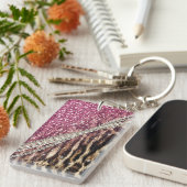 Chique Girly Leopard Print Roze Glitter Sleutelhanger (Voorkant Rechts)