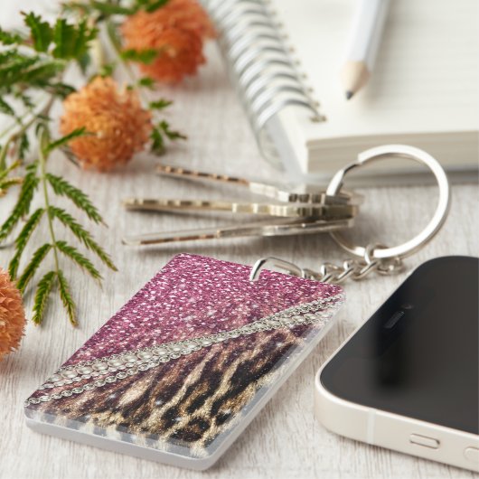 Chique Girly Leopard Print Roze Glitter Sleutelhanger (Voorkant Rechts)