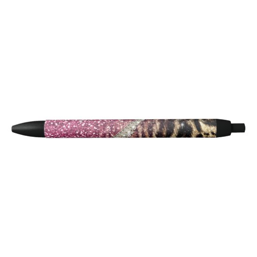 Chique Girly Leopard Print Roze Glitter Zwarte Inkt Pen (Voorkant)