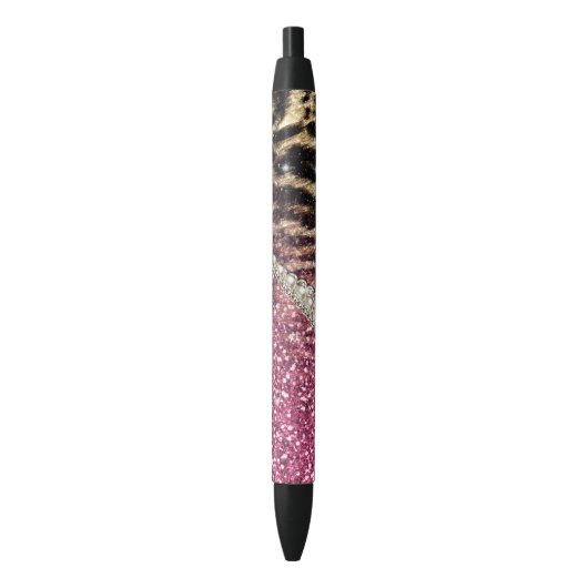 Chique Girly Leopard Print Roze Glitter Zwarte Inkt Pen (Voorkant Verticaal)