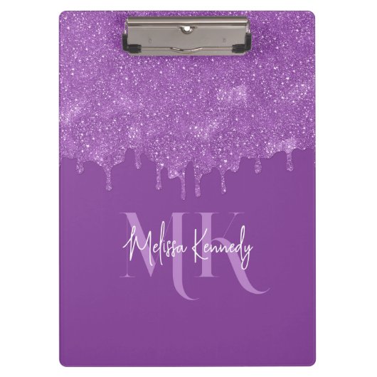 Chique Girly Paarse Glitter Drips Monogram & Naam Klembord (Voorkant)