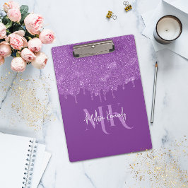 Chique Girly Paarse Glitter Drips Monogram & Naam Klembord