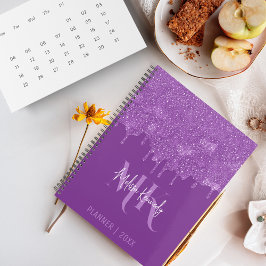 Chique Girly Paarse Glitter Drips Monogram & Naam Planner