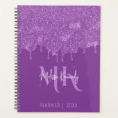 Chique Girly Paarse Glitter Drips Monogram & Naam Planner (Voorkant)