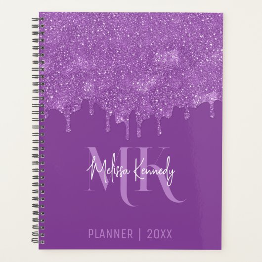 Chique Girly Paarse Glitter Drips Monogram & Naam Planner (Voorkant)