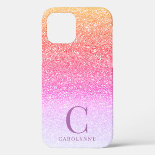 Chique Girly Pink Rainbow Glitter Ombre Monogram Case-Mate iPhone Case