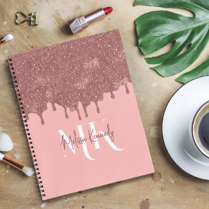 Chique Girly Pink Rose Gold Glitter Drips Monogram Notitieboek