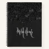 Chique Girly Zwart Glitter Drips Monogram Met Naam Notitieboek (Voorkant)