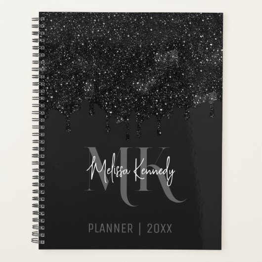 Chique Girly Zwart Glitter Drips Monogram Met Naam Planner (Voorkant)