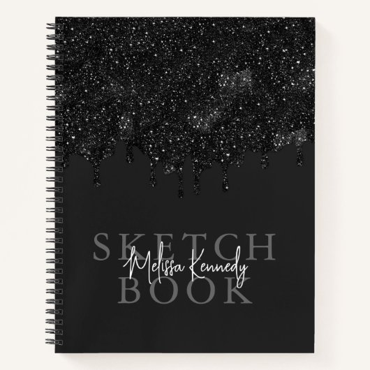 Chique Girly Zwart Glitter Drips Monogram Schetsbo Notitieboek (Voorkant)