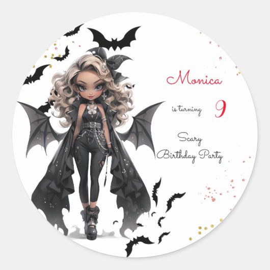 Chique glam gothic enge meisje verjaardagsfeestje ronde sticker (Voorkant)