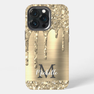 Chique Glam Goud Glitter Druppels Monogram Metaal iPhone 13 Pro Hoesje