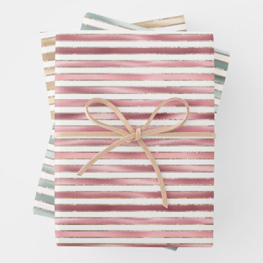 Chique glam roze, munt, goud, witte strepen inpakpapier vel (In situ)