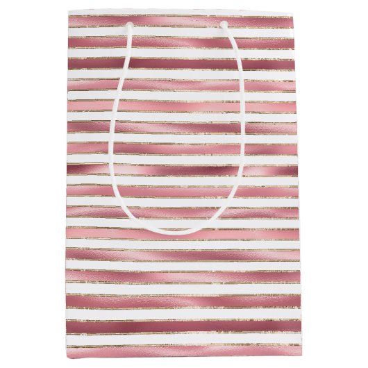 Chique glam roze witte strepen medium cadeauzakje (Voorkant)