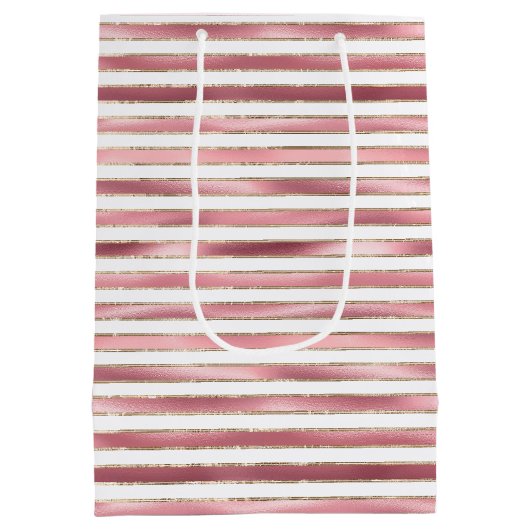 Chique glam roze witte strepen medium cadeauzakje (Achterkant)