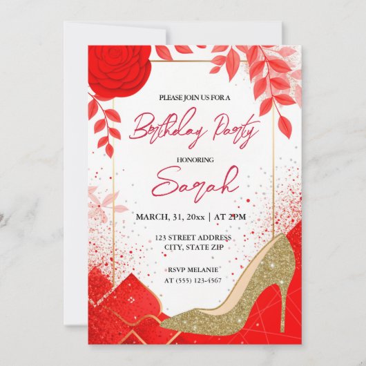 Chique Glamm Rood Goud Glitter Verjaardagsfeest Kaart (Voorkant)