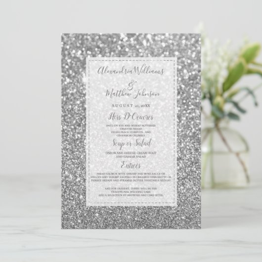 Chique glamoureuze trendy zilveren glitter Wedding Menu (Staand voorkant)