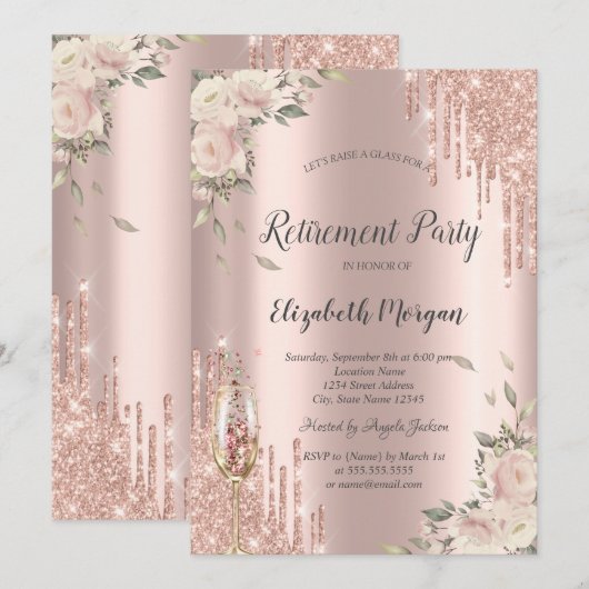 Chique Glitter Drips, Bloemen Roos Goud Pensioen Kaart (Voorkant / Achterkant)