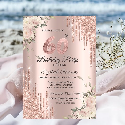 Chique Glitter Drips, Flowers Roos Gold 60e Verjaa Kaart