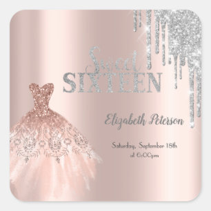 Chique Glitter Drips, Jurk Rose Goud Sweet 16 Vierkante Sticker