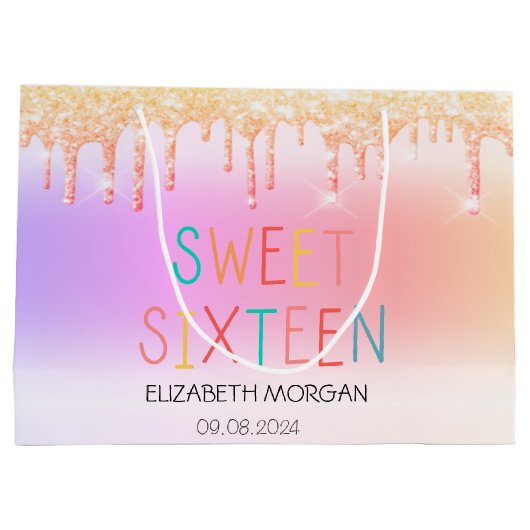 Chique Glitter Drips Kleurrijk Zoet 16 Groot Cadeauzakje (Achterkant)