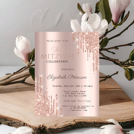 Chique Glitter Drips Roze Goud Bat Mitzvah Kaart