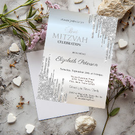 Chique Glitter Drips Zilver Bat Mitzvah Kaart