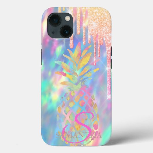 Chique Glitter Druppels Ananas Holografisch Case-Mate iPhone Case (Achterkant)