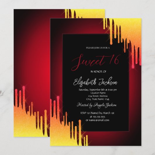 Chique Glitter Gele Drips, Rood Kaart (Voorkant / Achterkant)