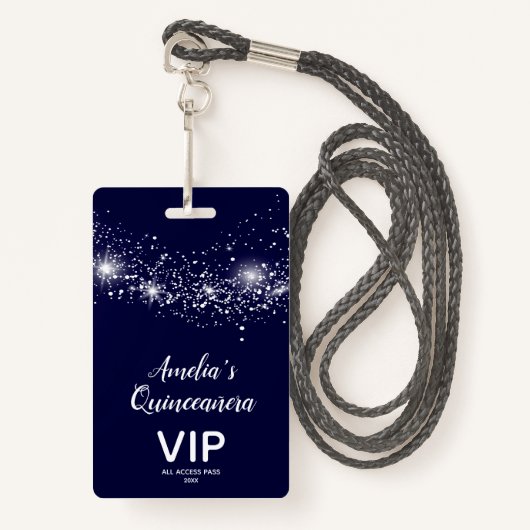 Chique Glitter op Navy Quinceañera Nodig VIP Pass  Badge (Voorkant met draagriem)