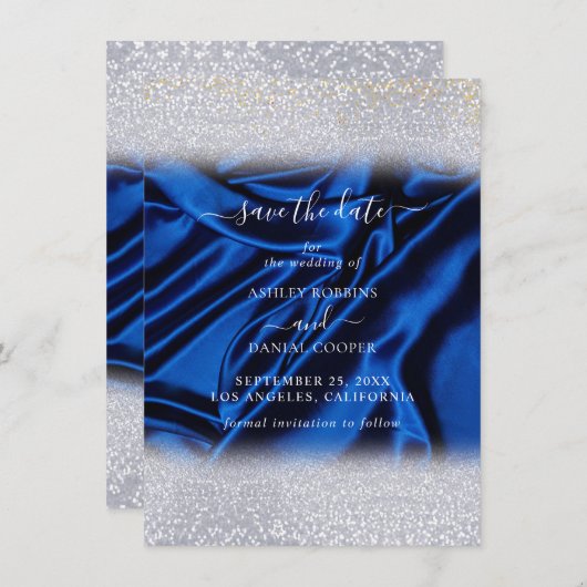 Chique Glitter Royal Blue Save the Date Kaart (Voorkant / Achterkant)