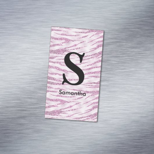 Chique glitter roze dierenprint monogram magnetisch visitekaartje (Voorbeeld)