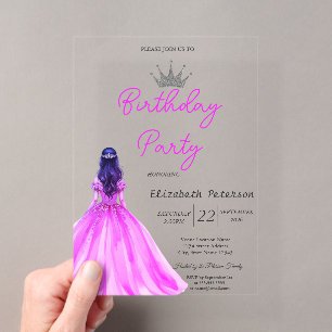 Chique Glitter Tiara Meisjesjurk Neon Roze Verjaar Acryl Uitnodigingen