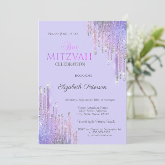 Chique Glitter Violet Drips Lavander Bat Mitzvah Kaart (Staand voorkant)