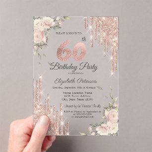 Chique Glitterdruppels, Bloemen Roze Goud 60e Verj Acryl Uitnodigingen