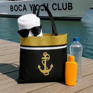 Chique glitters en gouden maritieme anker op zwart tote bag