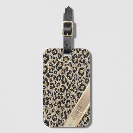 Chique glitters luipaard motief met monogram bagagelabel (Voorkant (verticaal))