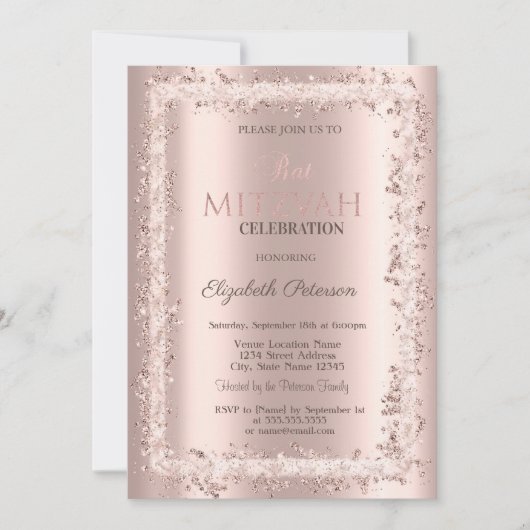 Chique glittersjabloon roze goud Bat Mitzvah  Kaart (Voorkant)