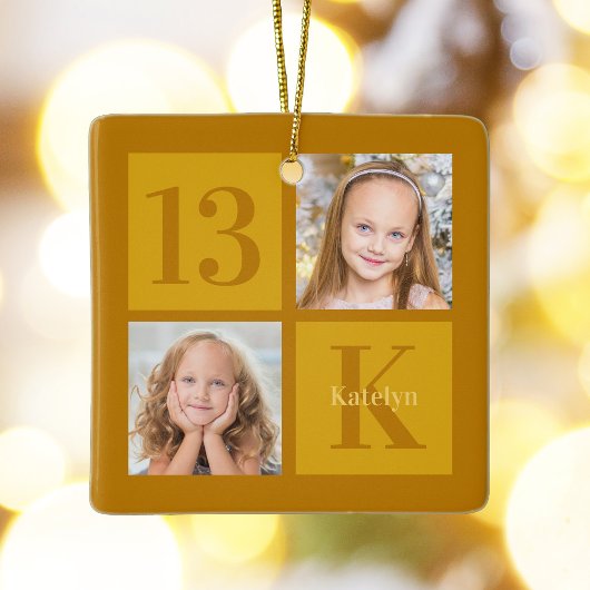 Chique Gold 2 Fotocollage Custom Verjaardagsfeest Keramisch Ornament