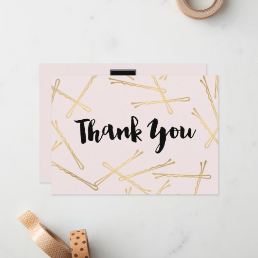 Chique Gold Bobby Pins Haarsalon Roze Dank je Notitiekaartje (Voorkant / Achterkant in situ)