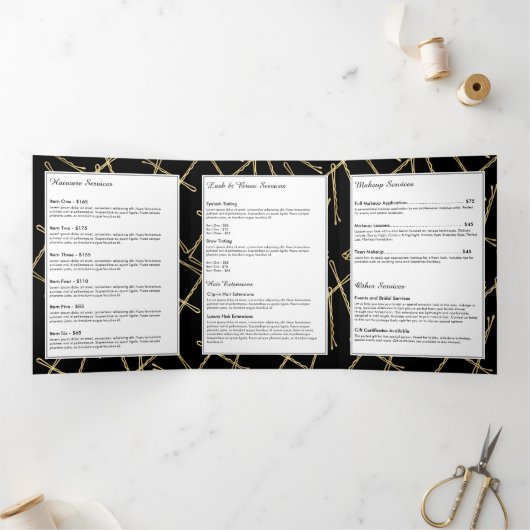 Chique Gold Bobby Pins Haarsalon Zwart Brochure Drieluik Kaart (Binnen)
